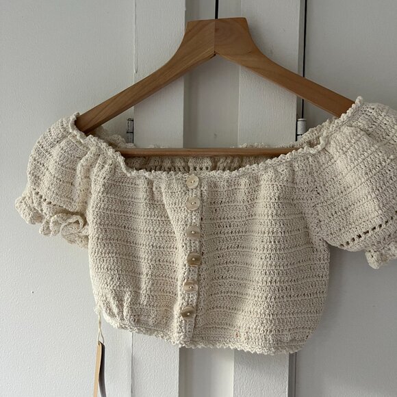 She Made Me Crochet Knit Off Shoulder Crop Top - Ivory - Size M - Picture 2 of 8